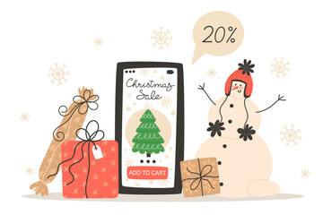 Christmas sale banner with shopping on smartphone, gift boxes and snowman