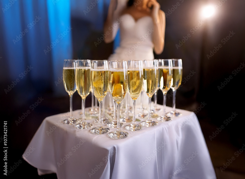 Poster a table with white linens and glasses of champagne sit in front of a bride.