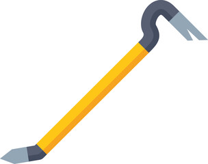 Crowbar with yellow handle lying on its side, a hand tool used for prying and pulling nails