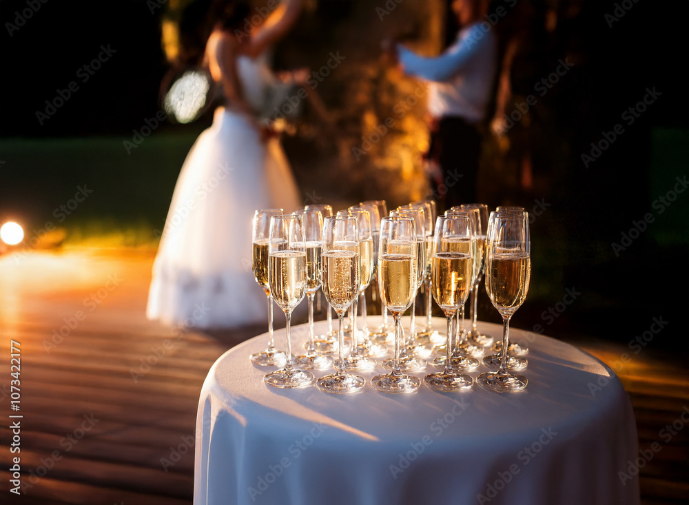 Poster a table of champagne flutes sits on a wooden deck with a blurry background of a bride and groom danc