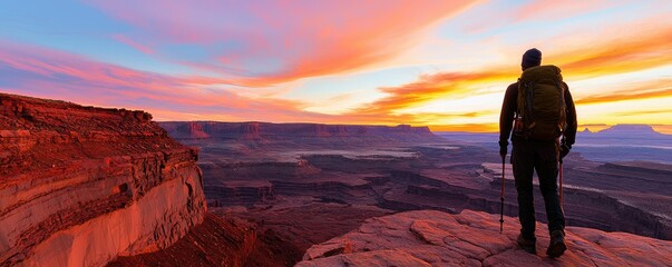 Naklejka premium A person stands on a rocky overlook, gazing at a vibrant sunset that paints the sky in brilliant colors over a vast landscape.
