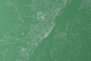 Stylized map of the streets of Volgograd (Russia) made with white lines on green background. Top view. 3d render, illustration