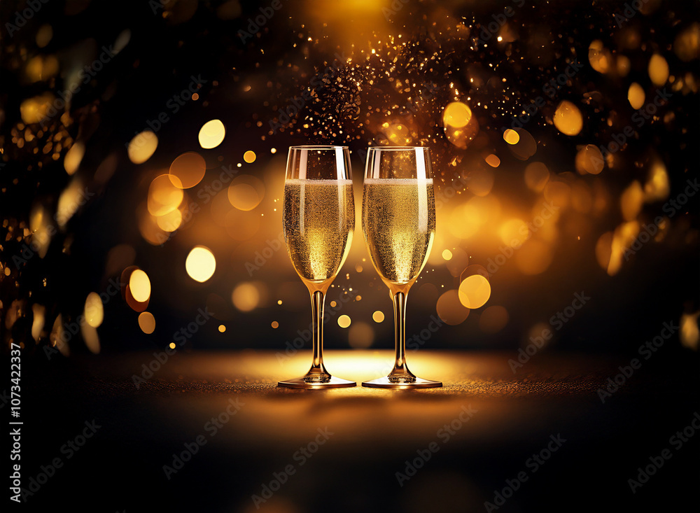 Poster Two champagne flutes filled with bubbly sit on a table against a dark background with golden bokeh.
