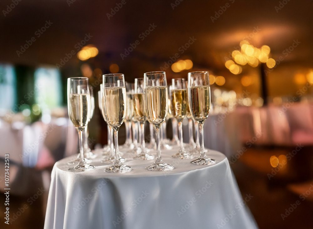 Poster A white tablecloth-covered table holds a row of champagne flutes filled with sparkling wine. The flutes are arranged in a neat row, with the glasses reflecting the warm, ambient light. The background 