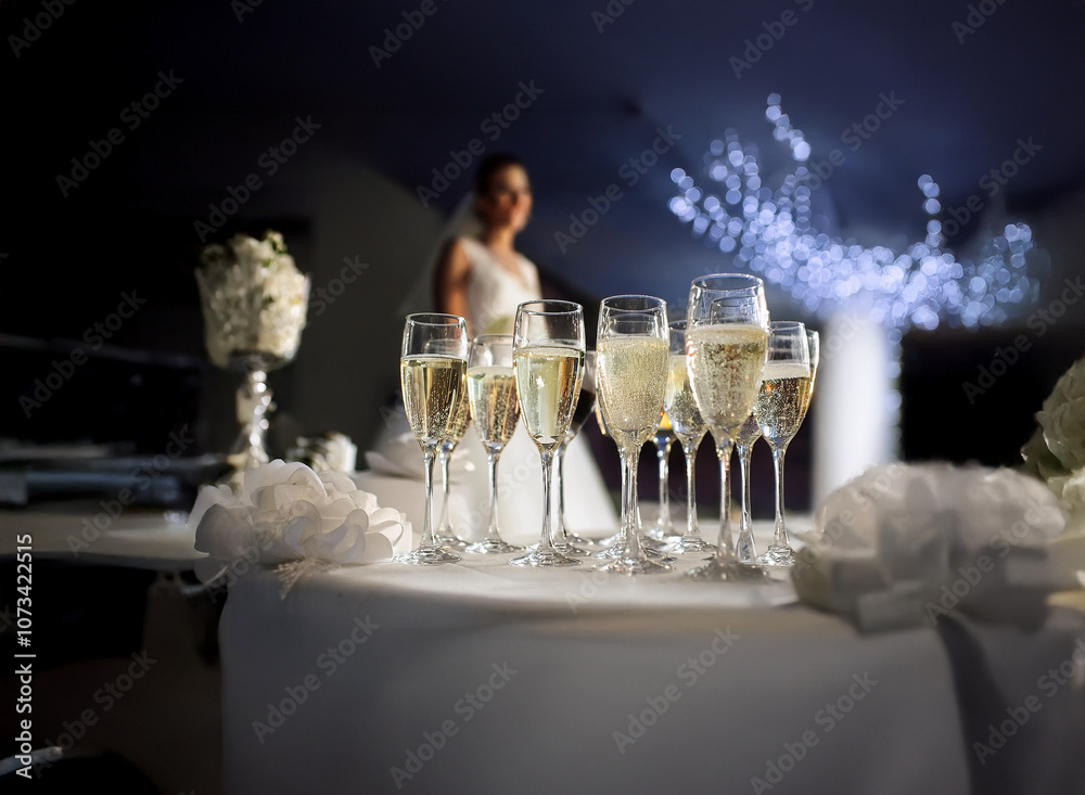 Poster a table with a white tablecloth is set with champagne flutes, the bride is standing in the backgroun