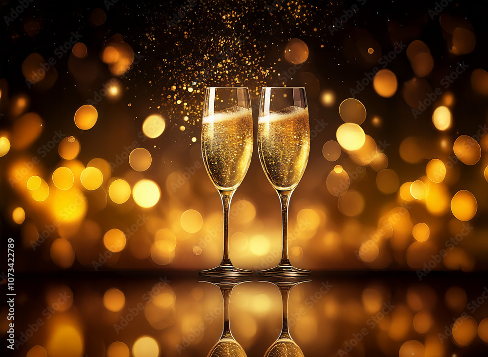 Poster two champagne flutes with sparkling wine against a warm bokeh background.