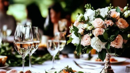 Elegant wedding reception setup with flowers and wine glasses for a romantic dining experience : Generative AI