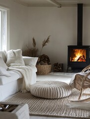 Fototapeta premium Cozy Living Room with White Sofa, Fireplace, and Knitted Pouf