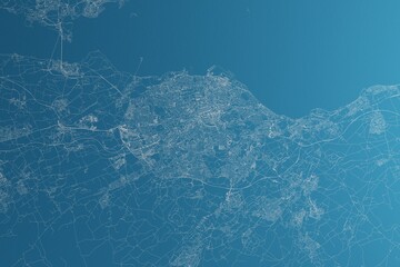 Map of the streets of Edinburgh (UK) made with white lines on blue paper. Rough background. 3d render, illustration