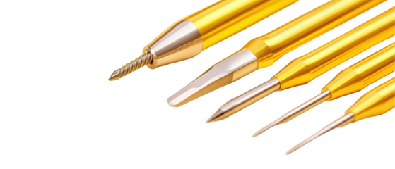 A set of five yellow tools with a pointed end. transparent background