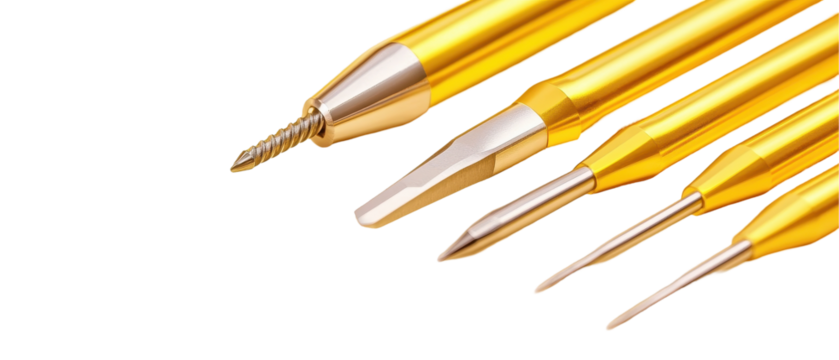 A set of five yellow tools with a pointed end. transparent background