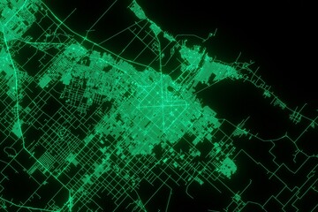 Map of the streets of La Plata (Argentina) made with green illumination and glow effect. Top view on roads network. 3d render, illustration