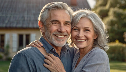 Portrait of a married couple - an elderly gray-haired man and woman against the background of a country house.