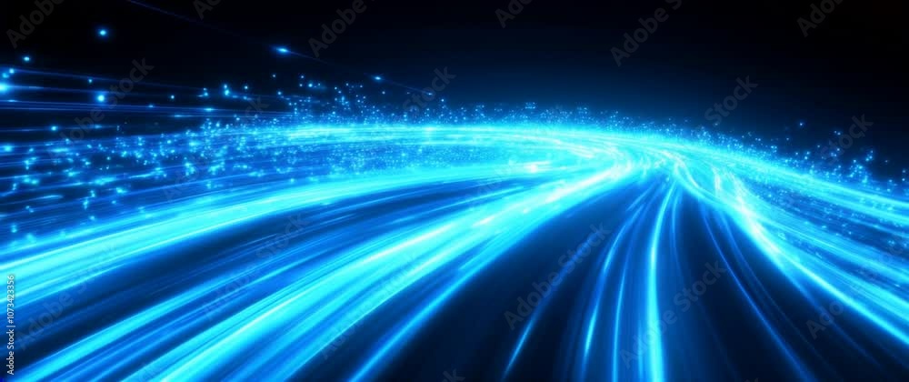Poster futuristic blue fiber optics on dark background representing fast data transmission : generative ai