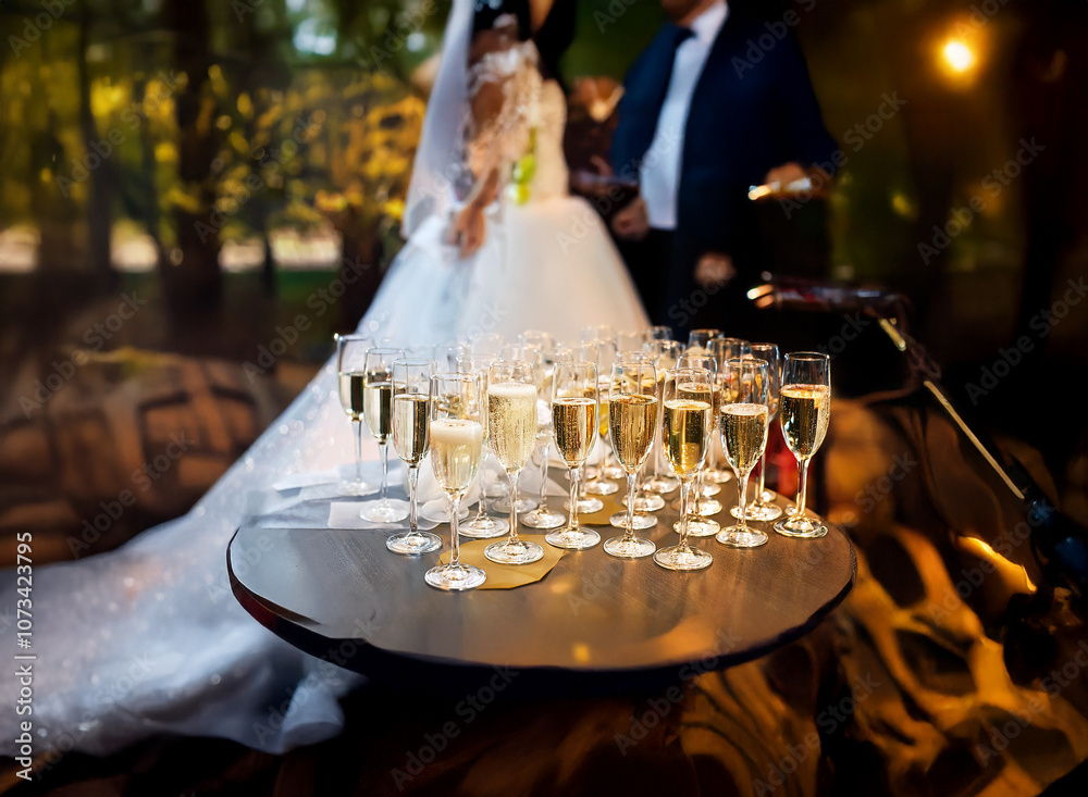 Poster a table filled with champagne flutes sits in the foreground, with a bride and groom in the backgroun