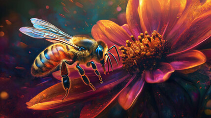 A high-resolution image of a honeybee actively pollinating a vibrant flower, sharp focus on the bee wings and the flower