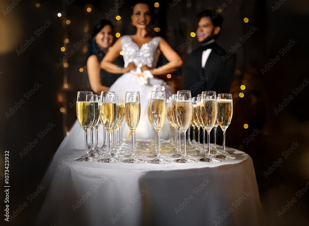 Poster a table with champagne flutes filled with sparkling wine, in the foreground, with a bride and two gu