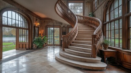 Curved staircase with polished stone steps and a wide wooden banister.