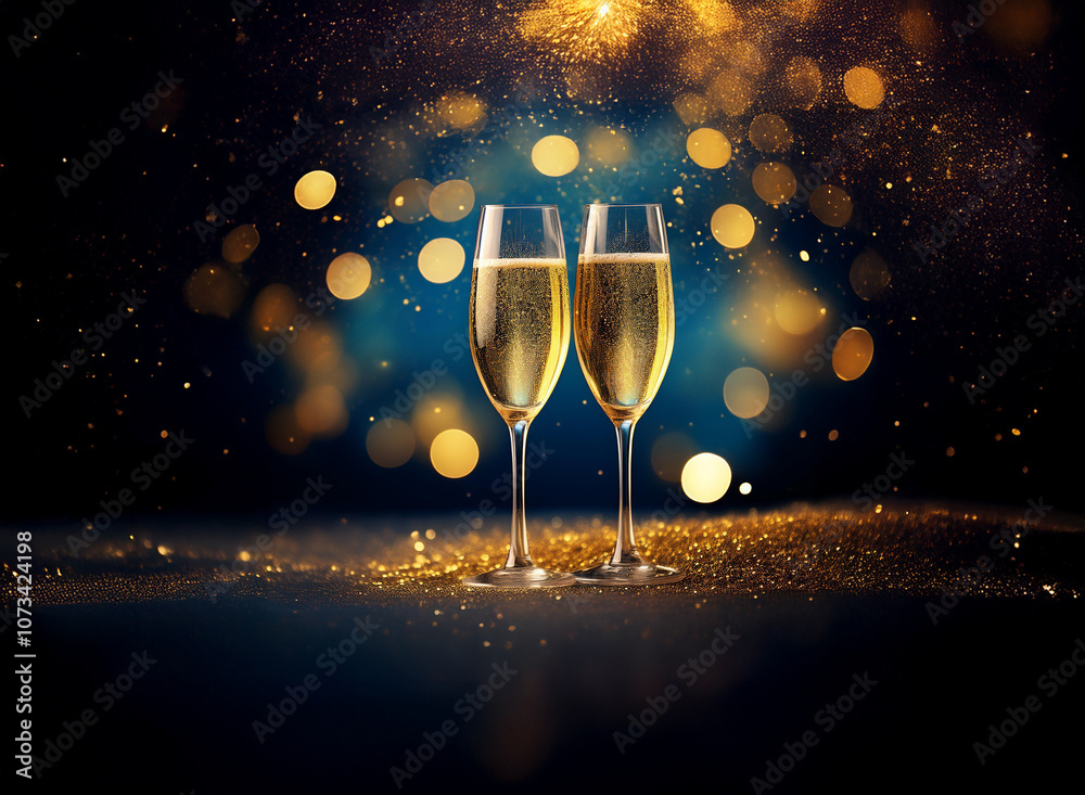 Poster two champagne flutes filled with sparkling wine sit on a dark surface with a gold glitter backdrop a