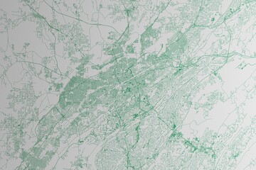 Map of the streets of Birmingham (Alabama, USA) made with green lines on white paper. 3d render, illustration