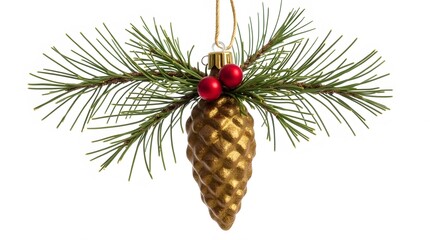 Golden Pine Cone Christmas Ornament Isolated on White Background