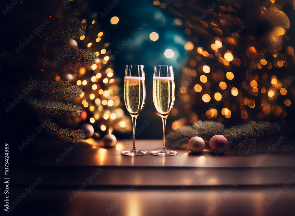 Poster two champagne flutes sit on a table with a blurred background of a decorated christmas tree and twin