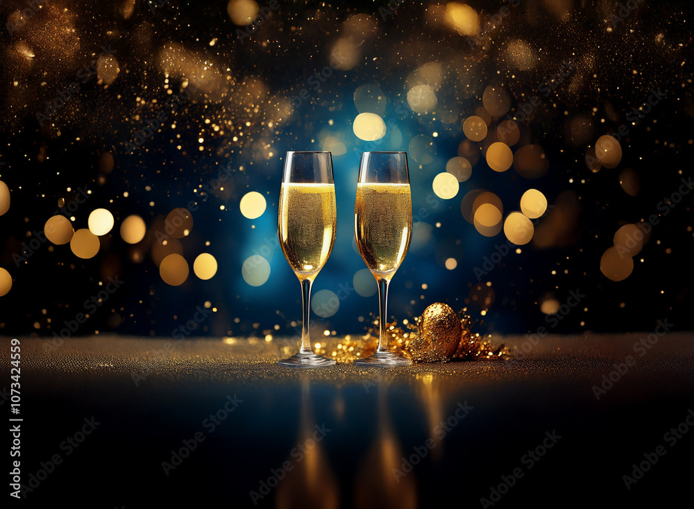 Poster Two champagne flutes filled with sparkling wine are placed on a dark blue table with golden bokeh lights in the background.