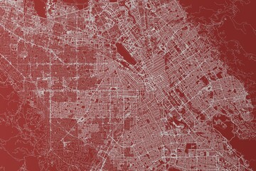 Map of the streets of San Jose (California, USA) made with white lines on red background. Top view. 3d render, illustration