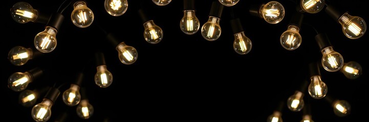 Circular arrangement of glowing light bulbs on a dark background, design, concept