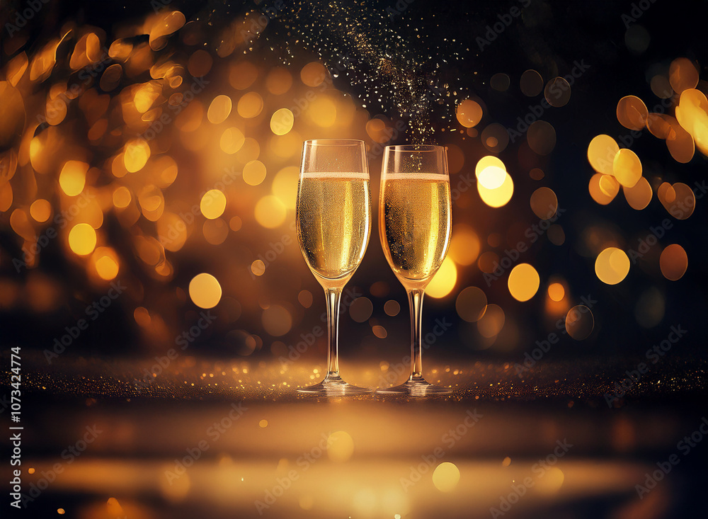 Poster two champagne flutes filled to the brim with bubbly stand on a table illuminated by warm golden ligh