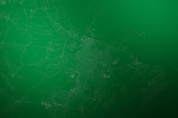 Map of the streets of Savannah (Georgia, USA) made with white lines on abstract green background lit by two lights. Top view. 3d render, illustration