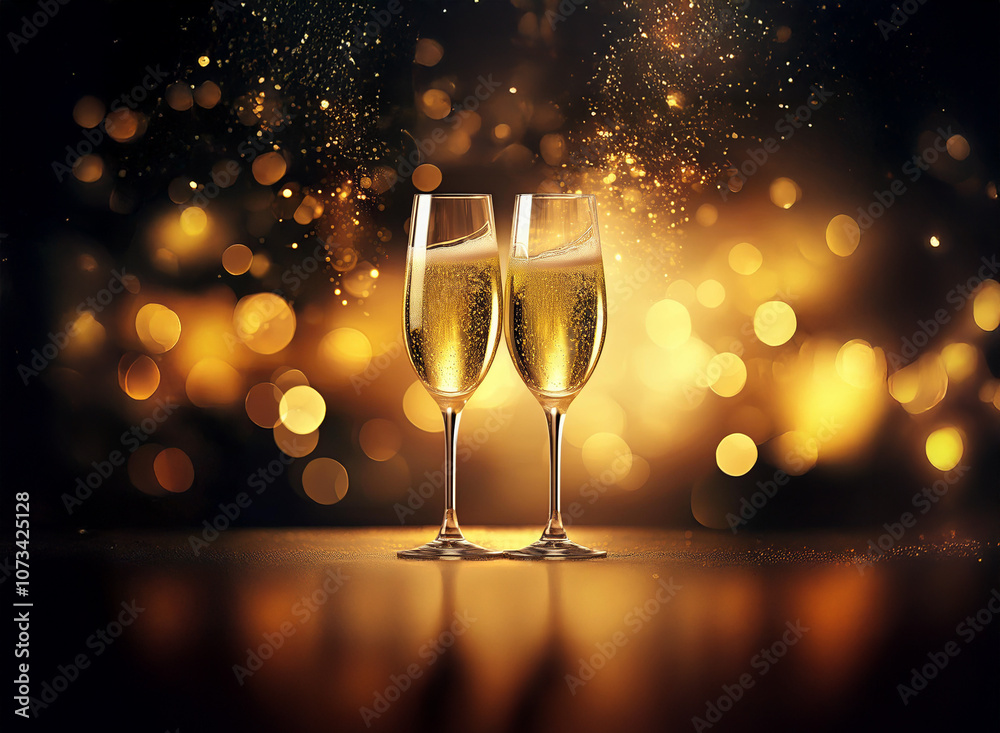 Poster two champagne flutes filled with sparkling wine stand against a background of glowing golden bokeh.