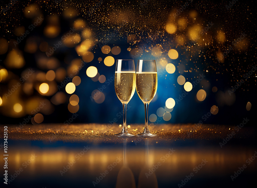 Poster Two champagne flutes filled with sparkling wine sit on a table with a festive backdrop of gold and blue bokeh.