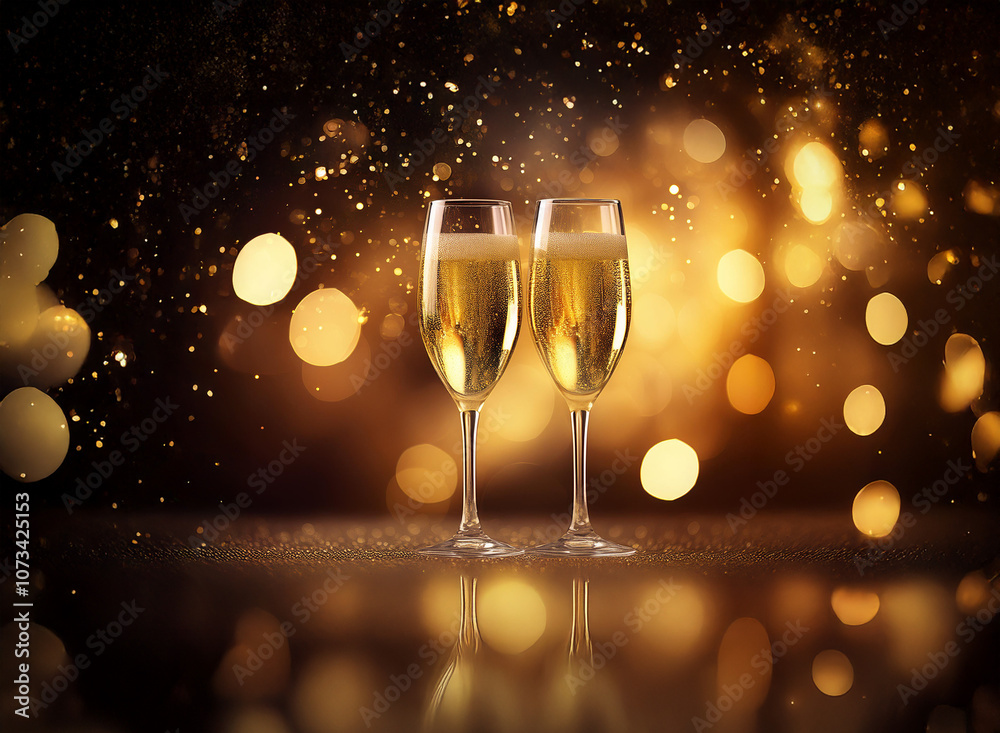 Poster two champagne flutes with golden liquid stand on a dark, reflective surface with a warm, festive bok