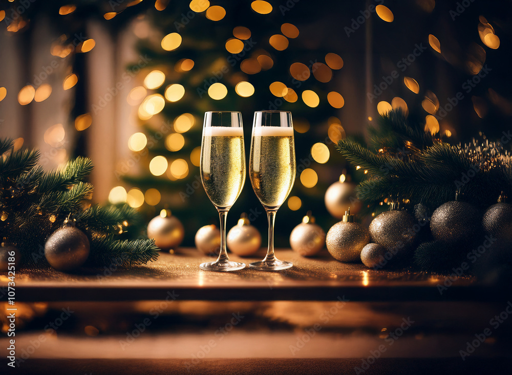 Poster Two champagne flutes filled with bubbly stand on a table with sparkling ornaments and a blurred Christmas tree in the background.