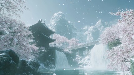 Winter's Ethereal Embrace: A Surreal Ancient Chinese Realm