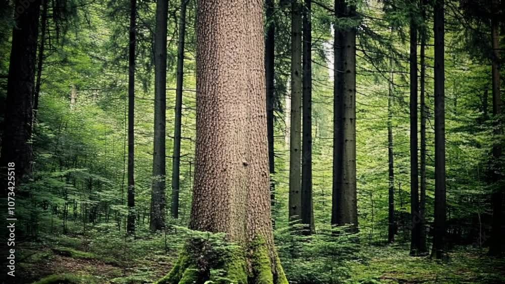 Poster Lush Green Forest Landscape with Abundant Tall Trees Capturing Serenity and Tranquility of Nature : Generative AI