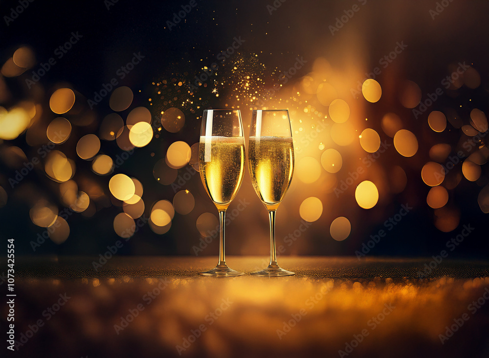 Poster Two champagne flutes filled with sparkling wine stand against a warm, bokeh background.