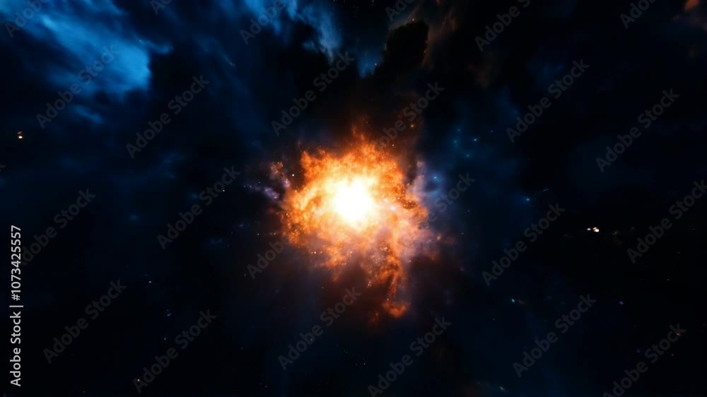 Poster mesmerizing blue and orange cosmic explosion in starry space : generative ai