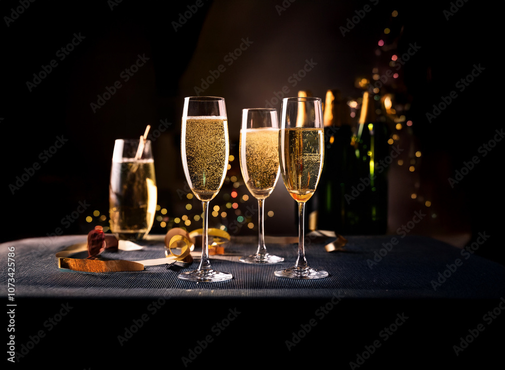 Poster three champagne flutes filled with sparkling wine sit on a dark table, with bottles of champagne in 