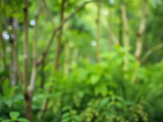 Blurred background of green forest with soft focus effect, foliage, background