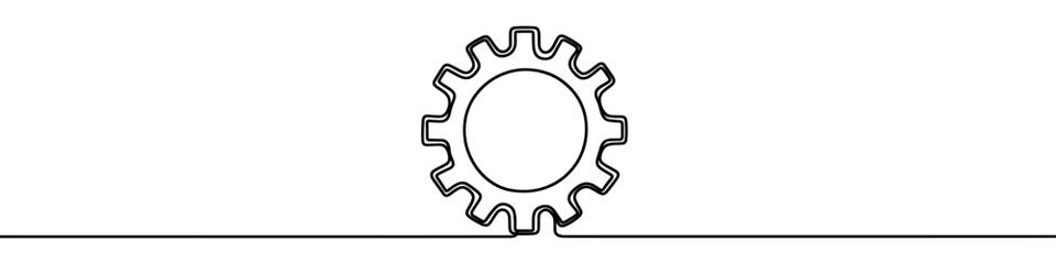 One continuous line illustration of a gear (cogwheel), isolated on white background. Line art of gear