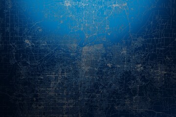 Street map of Kansas City (Missouri, USA) engraved on blue metal background. View with light coming from top. 3d render, illustration