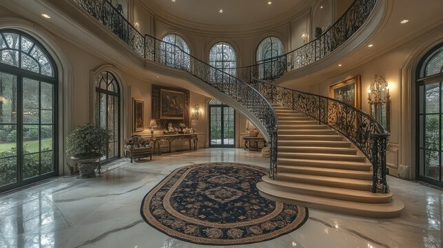 Double spiral staircase with intricate iron railings and marble flooring like a carpet - Powered by Adobe
