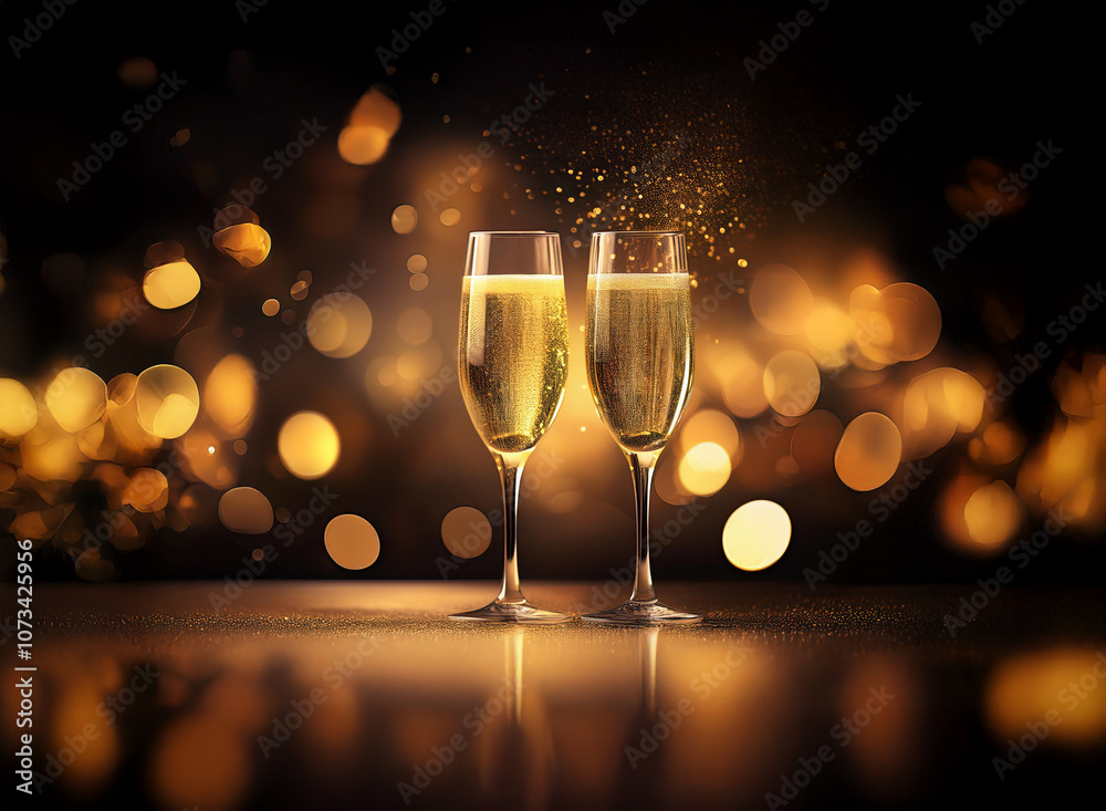 Poster two champagne flutes filled to the brim sit on a table against a bokeh background of warm, golden li