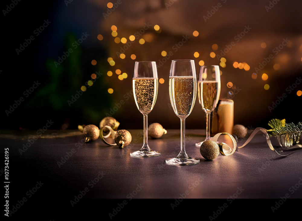 Poster three champagne flutes filled with sparkling wine stand on a table, surrounded by festive decoration