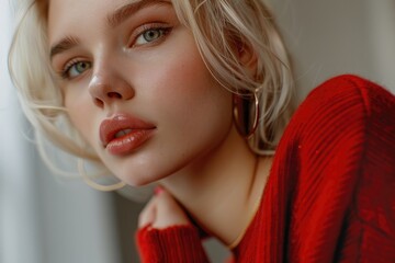 Fototapeta premium woman in a red suit of hoodie