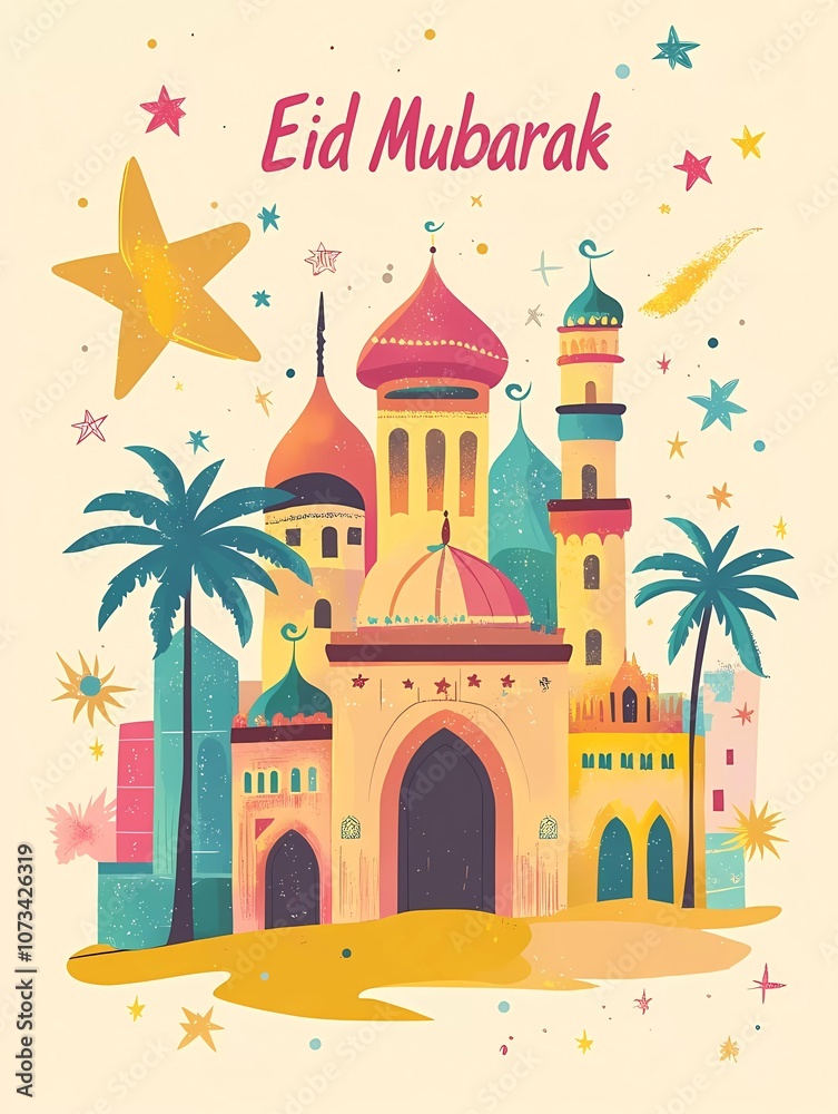 Fototapete eid mubarak! this is a vector illustration of a mosque in a flat color background with the text 