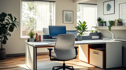 modern office workspace featuring sleek desk, ergonomic chair, and computer setup surrounded by greenery. bright, airy atmosphere promotes productivity and creativity