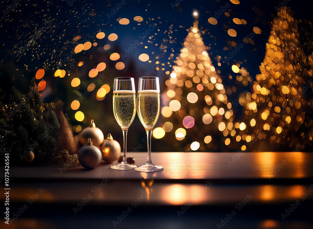 Poster Two champagne flutes sit on a table with Christmas ornaments and a blurred view of a decorated Christmas tree through a window.